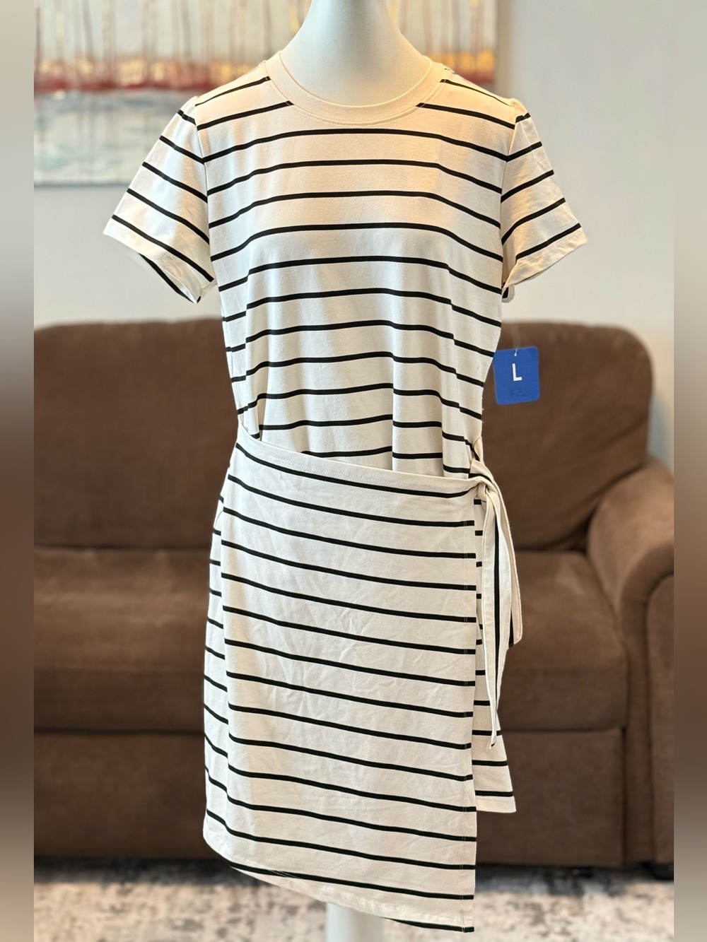 Threads 4 Thought Striped Wrap Dress , Tie Accent , Short Sleeve White/ Black - Picture 10 of 14